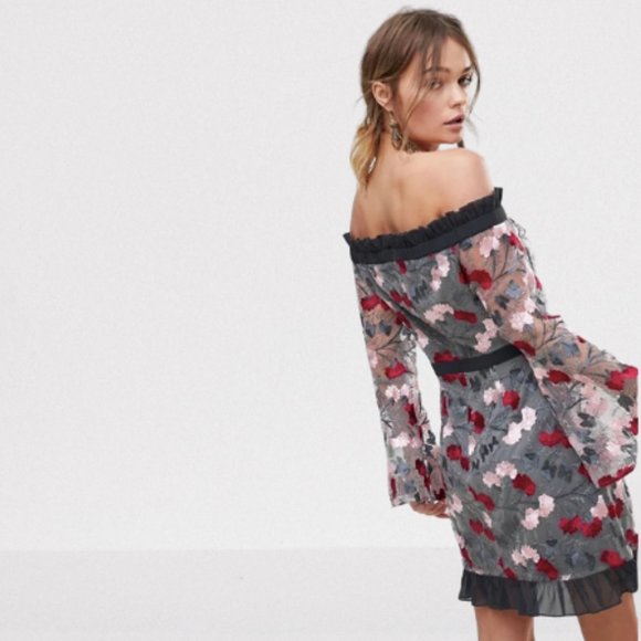 ASOS Dolly & Delicious Embroidered Bardot Dress 4 - Picture 3 of 11